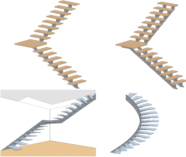 3D L-shaped steel stair calculator: saw-tooth stringers type